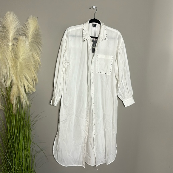 White Midi Button up shirt with silver studs - Picture 1 of 4